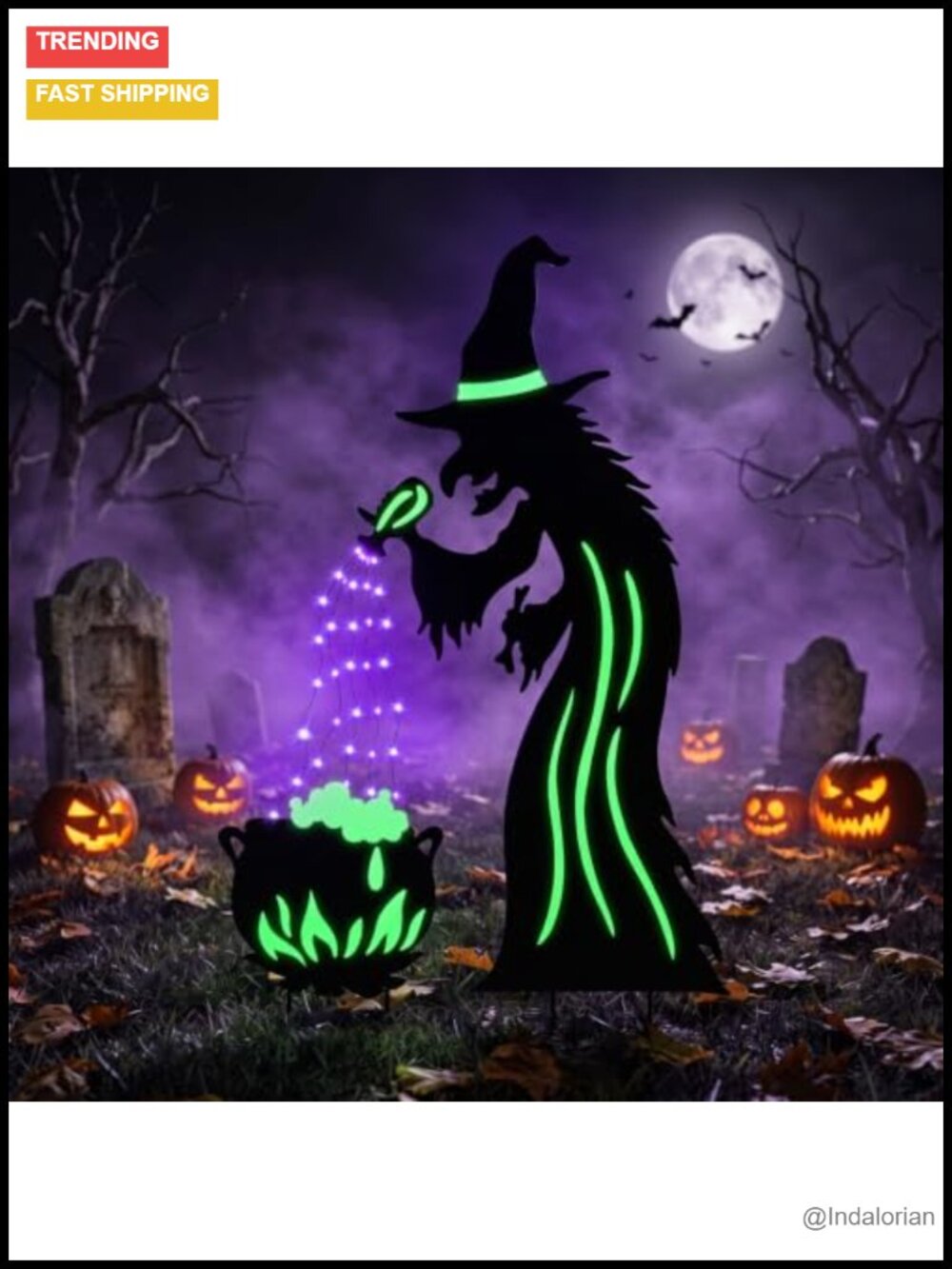 Metal Witch Yard Stakes with Solar Purple LED Lights, 2 Pack